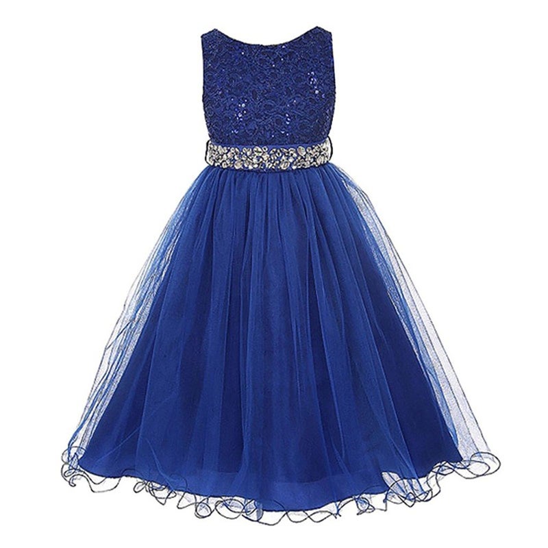 DreamHigh Wedding Flower Girl's Sequined Shining Crystal Waist Evening Dress up Royal Blue 11-12 Years - Image 1